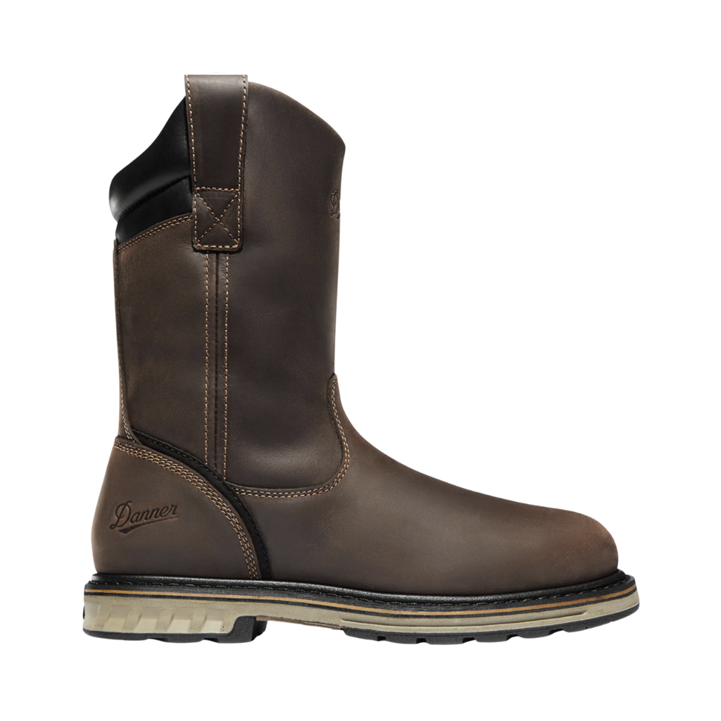 Danner Men’s Steel Yard Wellington 11" Waterproof Steel Toe Boot in Brown featuring a durable full-grain leather upper, 11-inch pull-on Wellington silhouette, ASTM-rated steel safety toe, Danner Dry waterproof construction, Danner Comfort System with PU midsole, steel shank, and Danner Steel Yard outsole designed for maximum protection, stability, and all-day comfort in demanding work environments.