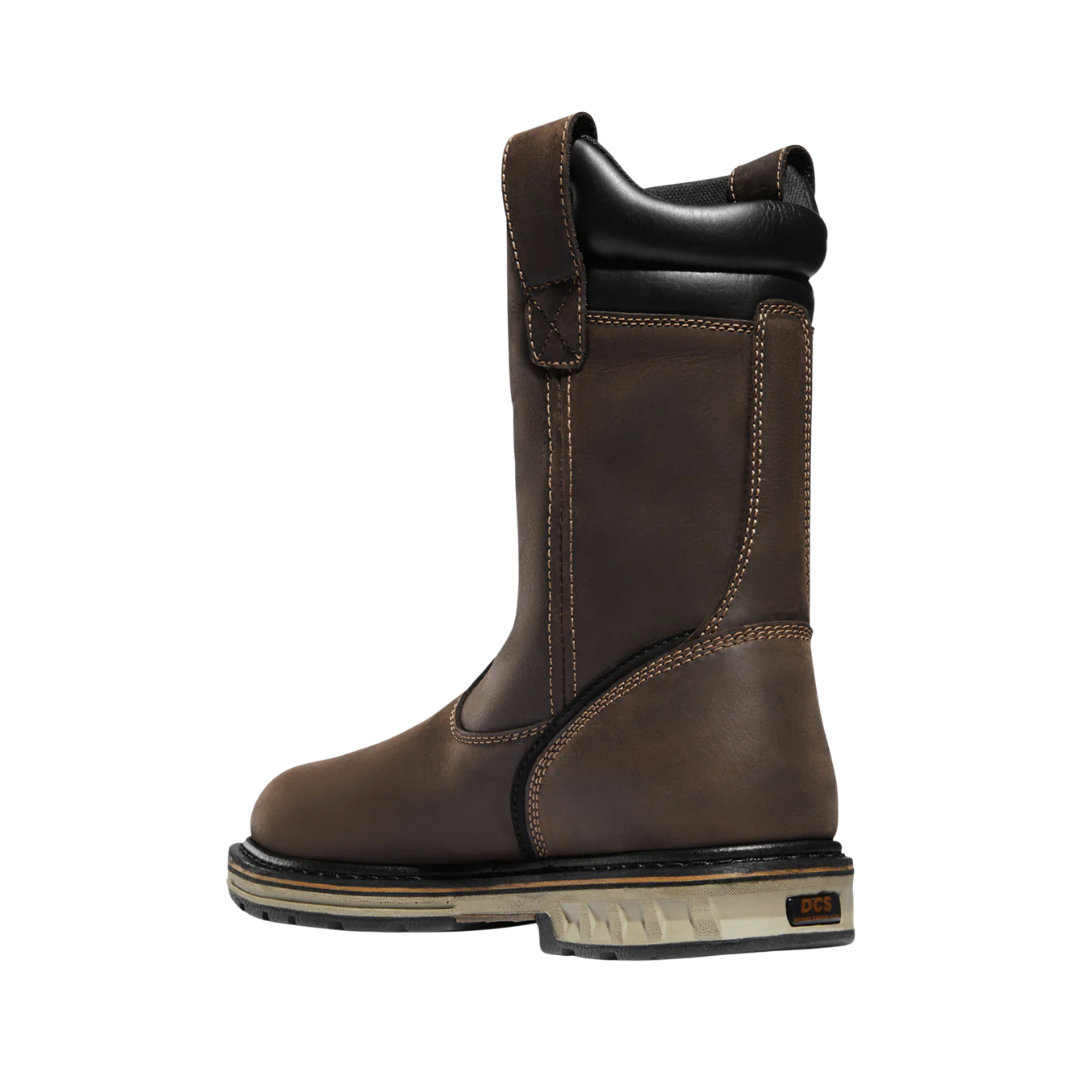 Back heel view of the Danner Men’s Steel Yard Wellington 11" Waterproof Steel Toe Boot in Brown highlighting the supportive 11-inch shaft, reinforced heel construction, waterproof Danner Dry membrane, stable heel platform, and durable Danner Steel Yard outsole engineered to improve ankle support, reduce fatigue, and deliver reliable performance on demanding job sites.