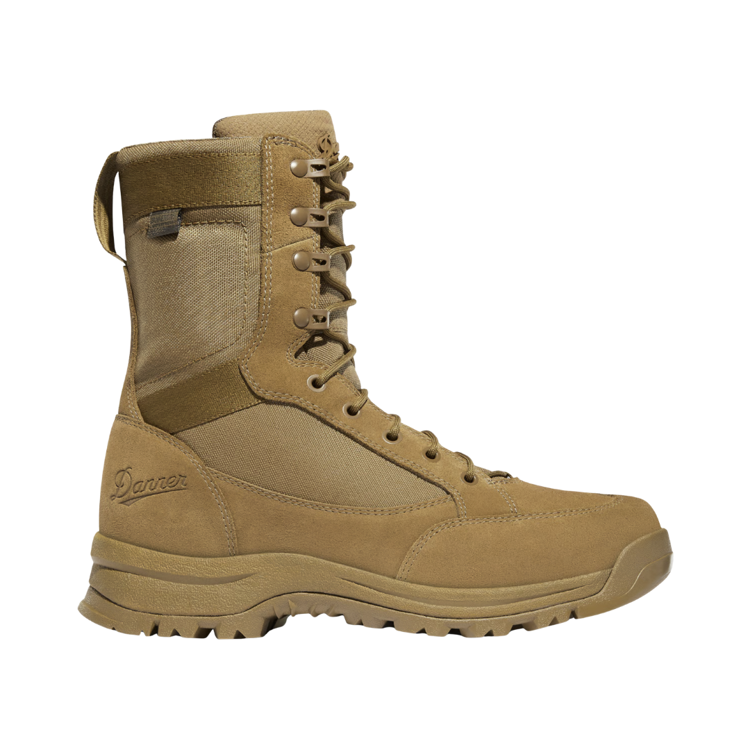 Danner Men’s Tanicus 8" Waterproof Plain Toe Boot in Coyote featuring a durable tactical upper, 8-inch military boot silhouette, Danner Dry waterproof protection, Bi Fit Board Shank System, polyurethane footbed, Danner Tanicus outsole, and rugged construction designed for active-duty military, tactical operations, and demanding outdoor environments.