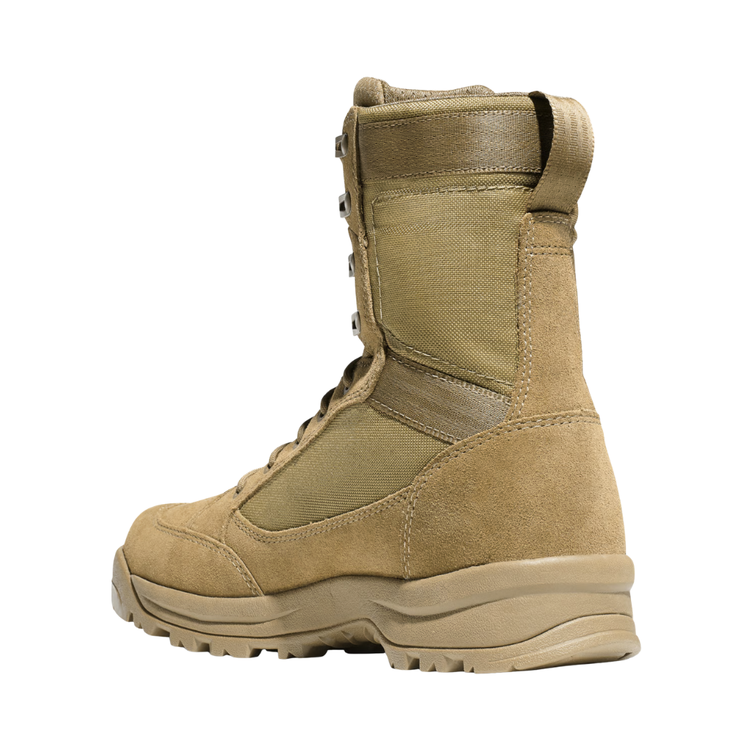 Back heel view of the Danner Men’s Tanicus 8" Waterproof Plain Toe Boot in Coyote highlighting the supportive 8-inch shaft, reinforced heel construction, waterproof Danner Dry barrier, stable heel platform, and durable outsole designed to improve ankle support, reduce fatigue, and provide reliable traction across varied terrain.