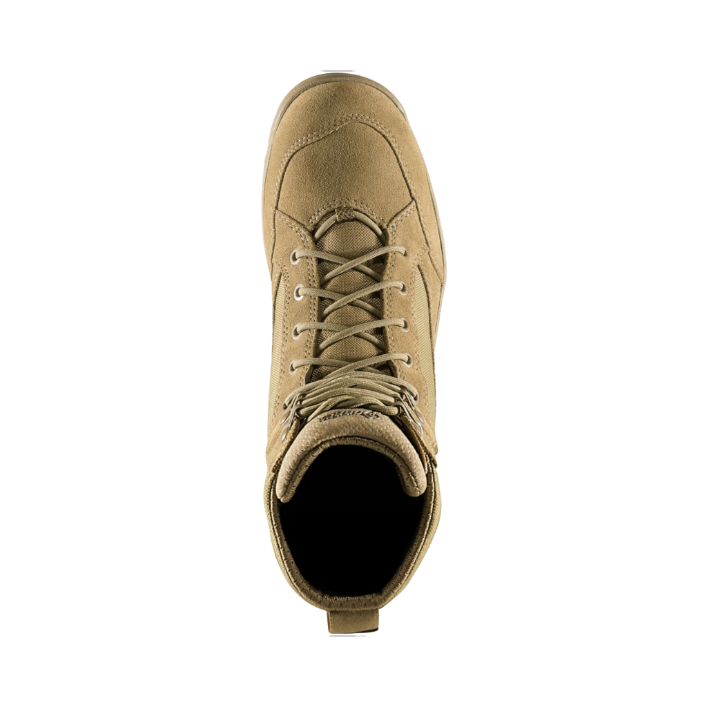 Top view of the Danner Men’s Tanicus 8" Waterproof Plain Toe Boot in Coyote displaying the durable tactical upper, secure lace-up system, lace garage, breathable waterproof Danner Dry lining, cushioned polyurethane footbed, and Bi Fit Board Shank System designed to provide moisture management, shock absorption, and enhanced stability during extended wear.