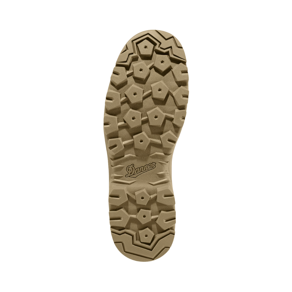 Bottom outsole view of the Danner Men’s Tanicus 8" Waterproof Plain Toe Boot in Coyote featuring the Danner Tanicus outsole engineered to provide dependable traction and grip across rugged terrain, while the cushioned footbed and supportive construction help provide comfort for conditions such as plantar fasciitis, heel pain, arch discomfort, metatarsalgia, ankle fatigue, joint stress, and general foot fatigue.