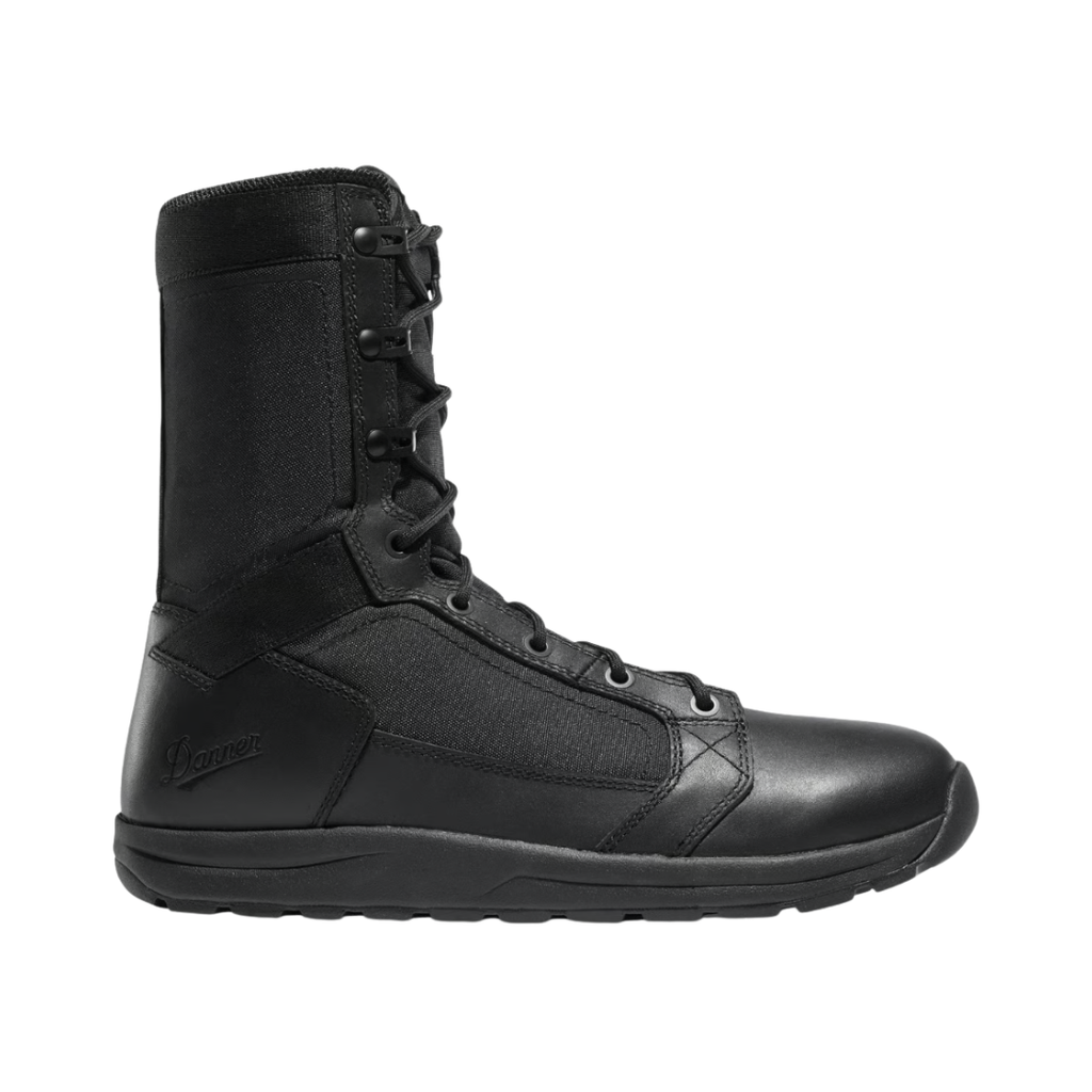 Danner Men’s Tachyon 8" Plain Toe Boot in Black Hot featuring an 8-inch tactical boot silhouette, lightweight unlined upper, plain toe design, open-cell polyurethane footbed, EVA midsole, speed lace system, Danner Tachyon outsole, and durable construction built for agility, stability, and all-day comfort during training, patrol, and tactical operations.