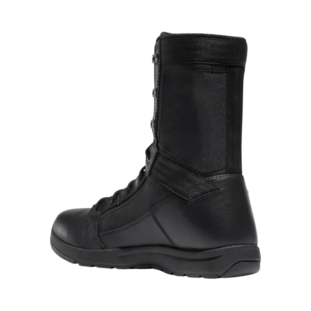 Back heel view of the Danner Men’s Tachyon 8" Plain Toe Boot in Black Hot highlighting the supportive 8-inch shaft, reinforced heel construction, cushioned EVA midsole, stable heel platform, and durable Danner Tachyon outsole designed to improve ankle support, reduce fatigue, and provide confident traction in demanding environments.