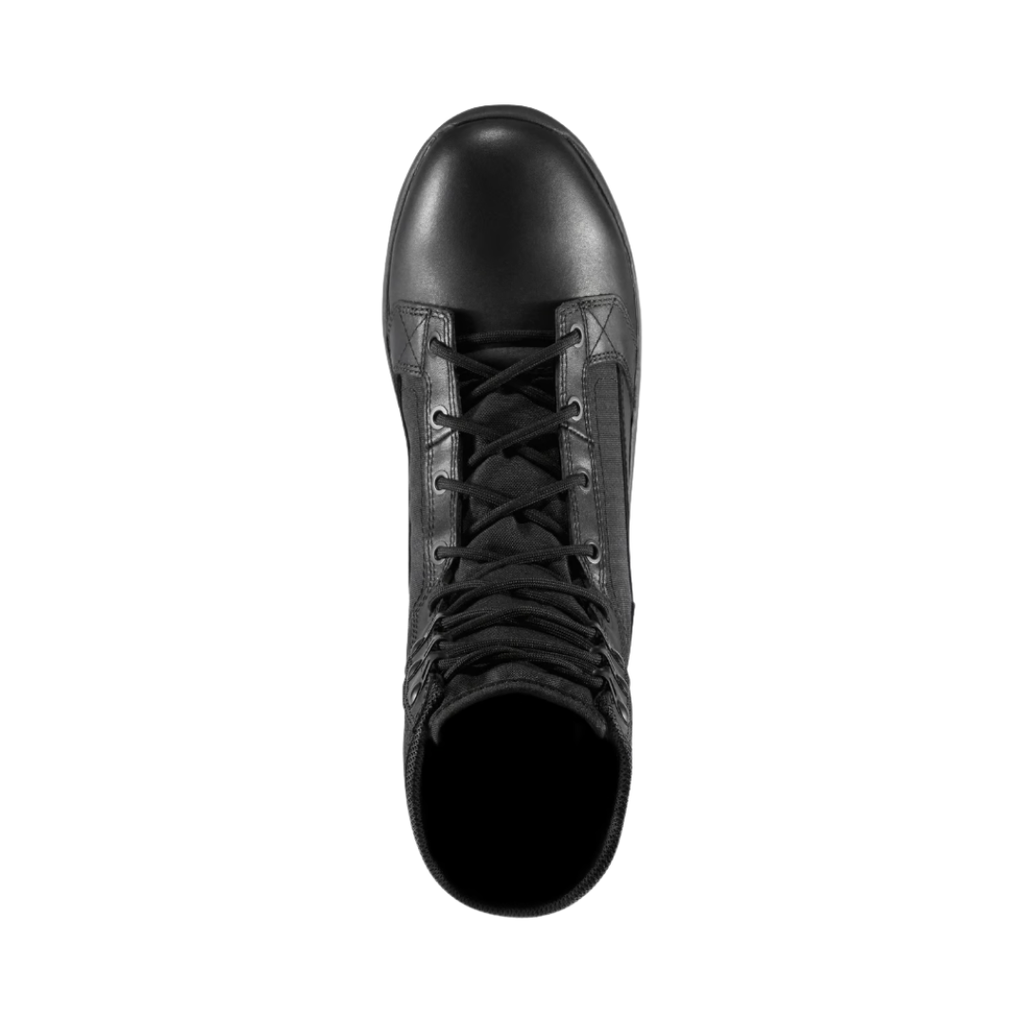 Top view of the Danner Men’s Tachyon 8" Plain Toe Boot in Black Hot displaying the lightweight upper, secure speed lace system, breathable unlined interior, open-cell polyurethane footbed, and cushioned EVA midsole engineered to maximize airflow, absorb impact, and deliver lasting comfort throughout long shifts.