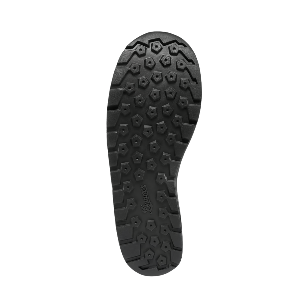 Bottom outsole view of the Danner Men’s Tachyon 8" Plain Toe Boot in Black Hot featuring the high-traction Danner Tachyon outsole engineered to provide dependable grip and stability across a variety of tactical and urban surfaces while the lightweight construction, cushioned footbed, and supportive design help provide comfort for conditions such as plantar fasciitis, heel pain, arch discomfort, metatarsalgia, flat feet, ankle fatigue, joint stress, and general foot fatigue.