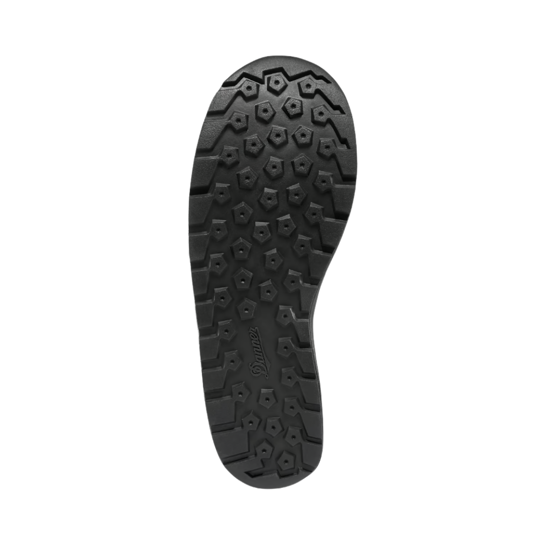 Bottom outsole view of the Danner Men’s Tachyon 8" Plain Toe Boot in Black Hot featuring the high-traction Danner Tachyon outsole engineered to provide dependable grip and stability across a variety of tactical and urban surfaces while the lightweight construction, cushioned footbed, and supportive design help provide comfort for conditions such as plantar fasciitis, heel pain, arch discomfort, metatarsalgia, flat feet, ankle fatigue, joint stress, and general foot fatigue.