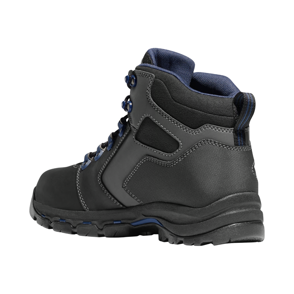 Back heel view of the Danner Men’s Vicious 4.5" Composite Toe NMT Boot in Black highlighting the supportive 4.5-inch shaft, reinforced heel construction, waterproof Danner Dry lining, TPU shank support, and Vibram Vicious outsole designed to enhance stability, reduce strain, and provide reliable performance on demanding surfaces.