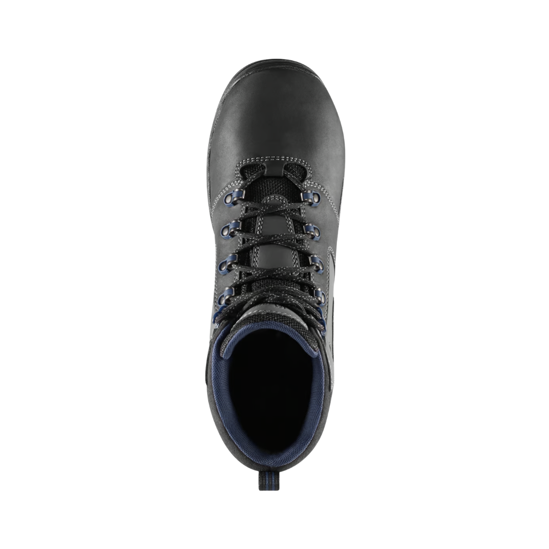 Top view of the Danner Men’s Vicious 4.5" Composite Toe NMT Boot in Black displaying the full-grain waterproof leather upper, secure speed lace system, breathable Danner Dry waterproof lining, cushioned dual-density EVA midsole, and supportive Trailguard platform designed to provide moisture management, shock absorption, and enhanced underfoot stability.