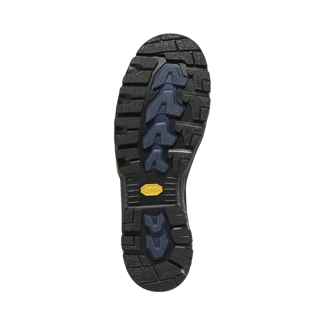 Bottom outsole view of the Danner Men’s Vicious 4.5" Composite Toe NMT Boot in Black featuring the Vibram Vicious oil- and slip-resistant outsole with low-profile tread designed for dependable traction on slick and uneven surfaces while the composite safety toe, supportive cushioning, and stable construction help provide comfort for conditions such as plantar fasciitis, flat feet, overpronation, arthritis, heel spurs, and lower back pain.