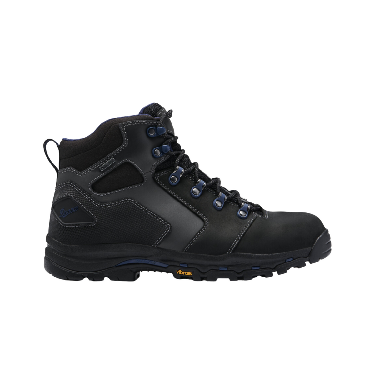 Danner Men’s Vicious 4.5" Composite Toe NMT Boot in Black featuring a full-grain waterproof leather upper, 4.5-inch work boot silhouette, composite safety toe, Danner Dry waterproof lining, dual-density EVA midsole, TPU shank, Trailguard platform, Vibram Vicious outsole, and abrasion-resistant toe cap designed for lightweight protection, durability, and all-day comfort.