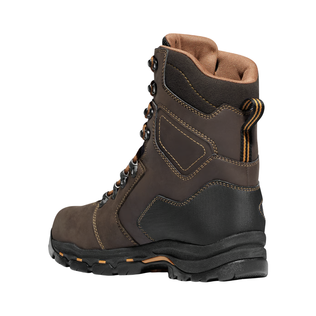 Back heel view of the Danner Men’s Vicious 8" Composite Toe NMT Boot in Brown highlighting the supportive 8-inch shaft, reinforced heel construction, waterproof Danner Dry lining, TPU shank support, and durable Vibram outsole designed to improve ankle stability, reduce fatigue, and provide dependable performance on challenging terrain.