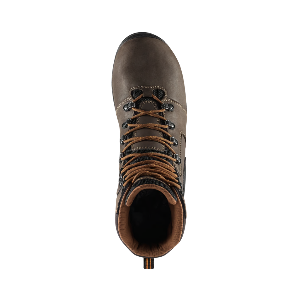 Top view of the Danner Men’s Vicious 8" Composite Toe NMT Boot in Brown displaying the full-grain waterproof leather upper, speed lace hardware, breathable Danner Dry waterproof lining, cushioned dual-density EVA midsole, and Trailguard platform designed to provide moisture management, shock absorption, and enhanced underfoot support during extended workdays.