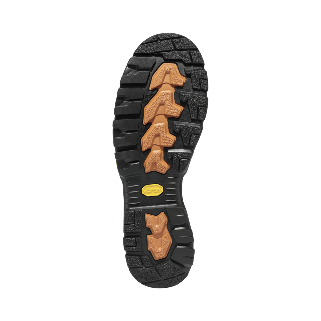 Bottom outsole view of the Danner Men’s Vicious 8" Composite Toe NMT Boot in Brown featuring the Vibram Vicious oil- and slip-resistant outsole engineered to provide reliable traction and stability on tough surfaces while the composite safety toe, cushioned midsole, and supportive construction help provide comfort for conditions such as plantar fasciitis, flat feet, overpronation, arthritis, joint pain, heel spurs, and ankle instability.