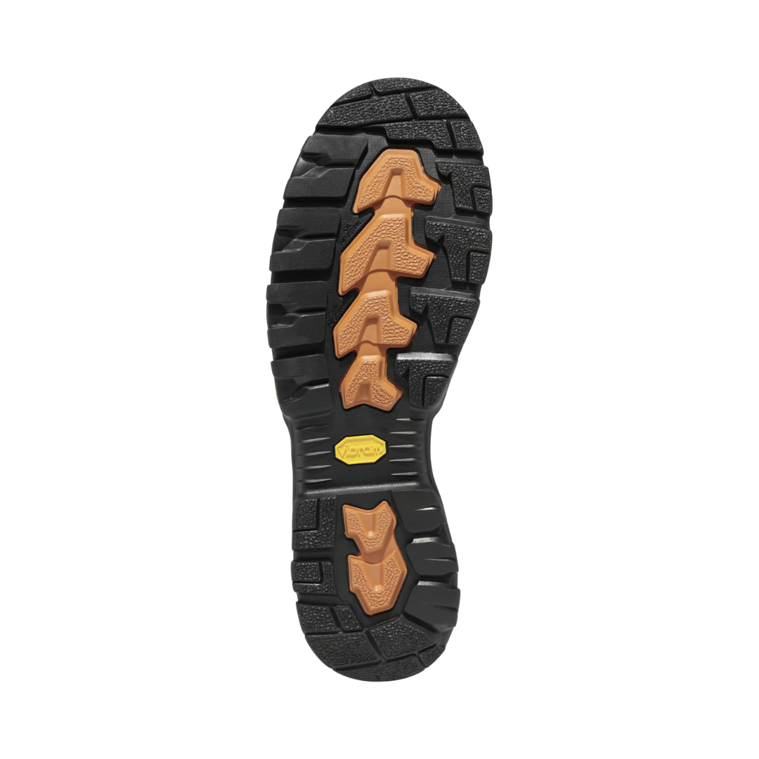 Bottom outsole view of the Danner Men’s Vicious 8" Composite Toe NMT Boot in Brown featuring the Vibram Vicious oil- and slip-resistant outsole engineered to provide reliable traction and stability on tough surfaces while the composite safety toe, cushioned midsole, and supportive construction help provide comfort for conditions such as plantar fasciitis, flat feet, overpronation, arthritis, joint pain, heel spurs, and ankle instability.