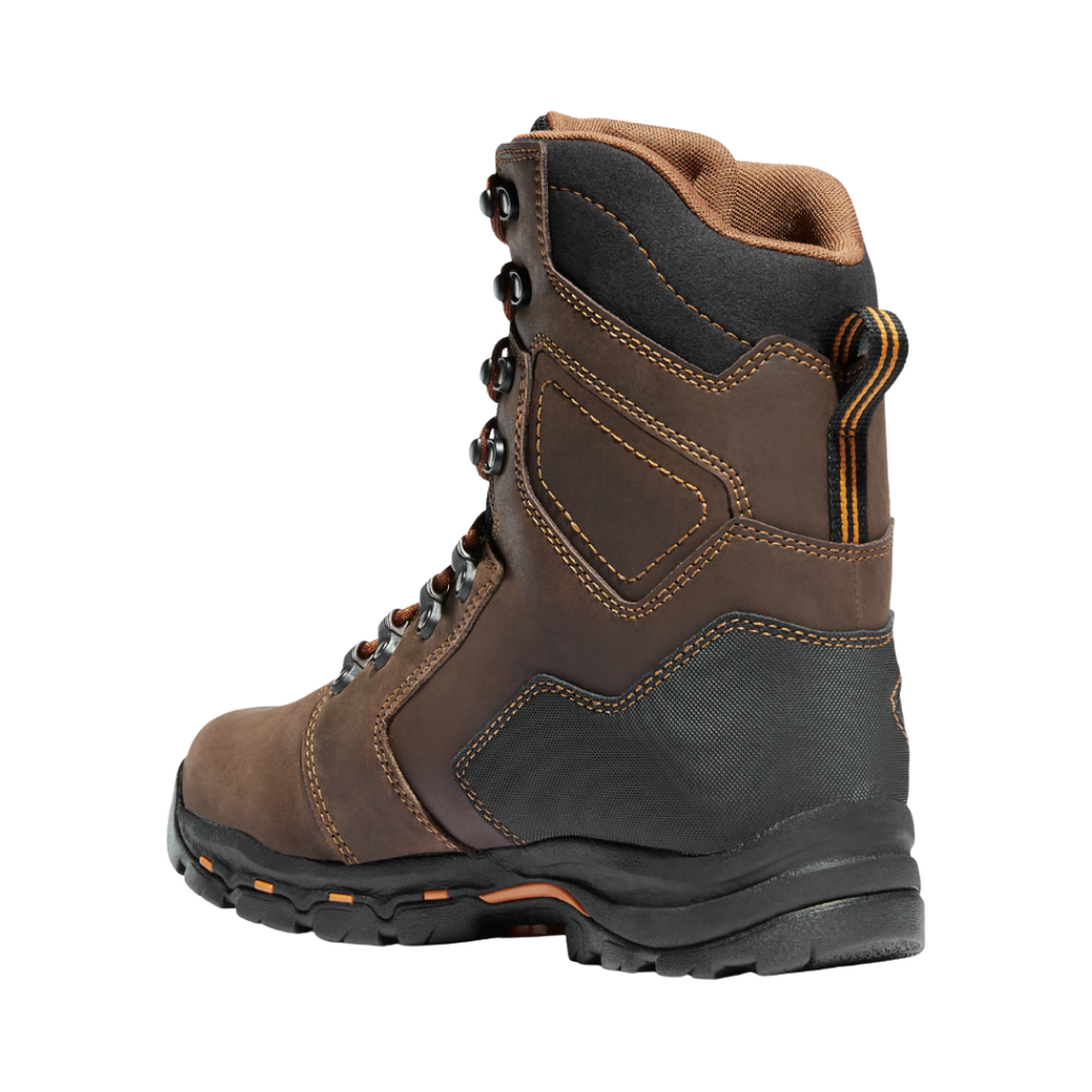 Back heel view of the Danner Men’s Vicious 8" NMT Waterproof Composite Toe Boot in Brown/Orange highlighting the supportive 8-inch shaft, reinforced heel construction, GORE-TEX waterproof protection, 90-degree heel, and durable Vibram outsole designed to improve ankle stability, ladder grip, and traction across rugged surfaces.