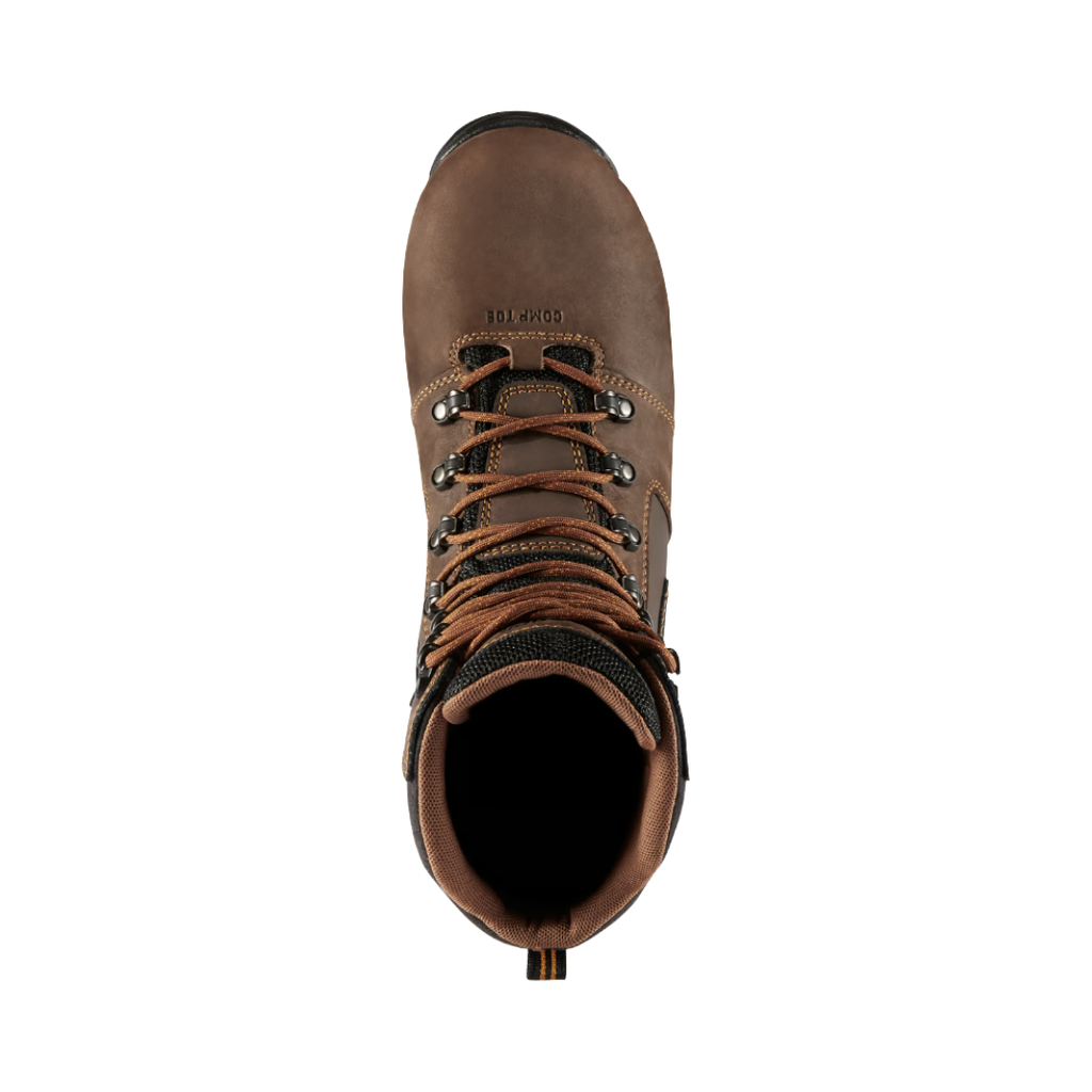 Top view of the Danner Men’s Vicious 8" NMT Waterproof Composite Toe Boot in Brown/Orange displaying the full-grain leather upper, secure speed lace system, breathable GORE-TEX waterproof lining, insulated interior, and Danner Trailguard platform designed to provide warmth, moisture management, cushioning, and enhanced underfoot stability during long workdays.