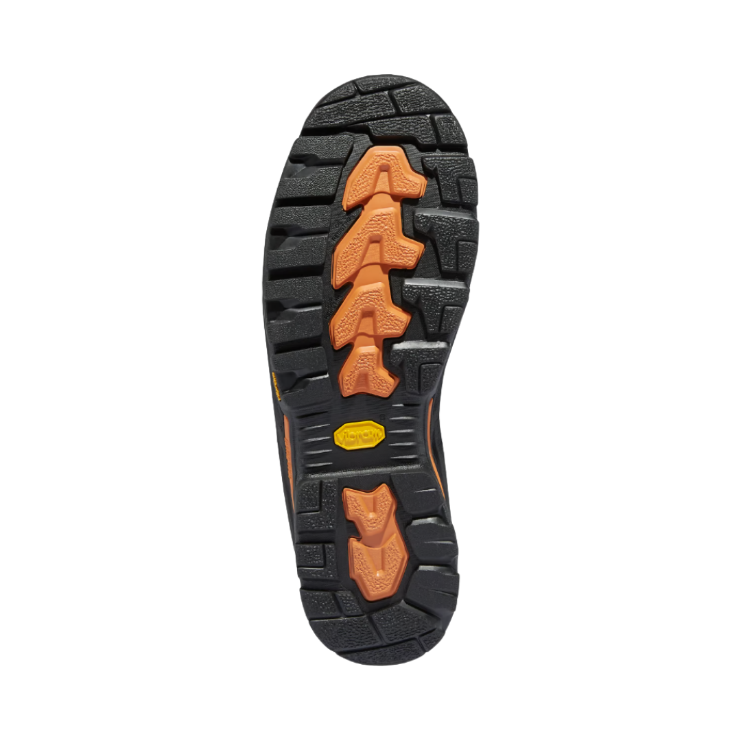 Bottom outsole view of the Danner Men’s Vicious 8" NMT Waterproof Composite Toe Boot in Brown/Orange featuring the Vibram oil- and slip-resistant outsole engineered for superior traction, durability, and stability on slick, uneven, and demanding surfaces while the composite safety toe, insulated construction, and supportive cushioning help provide comfort for conditions such as plantar fasciitis, heel pain, arch discomfort, metatarsalgia, flat feet, ankle fatigue, joint stress, and general foot fatigue.