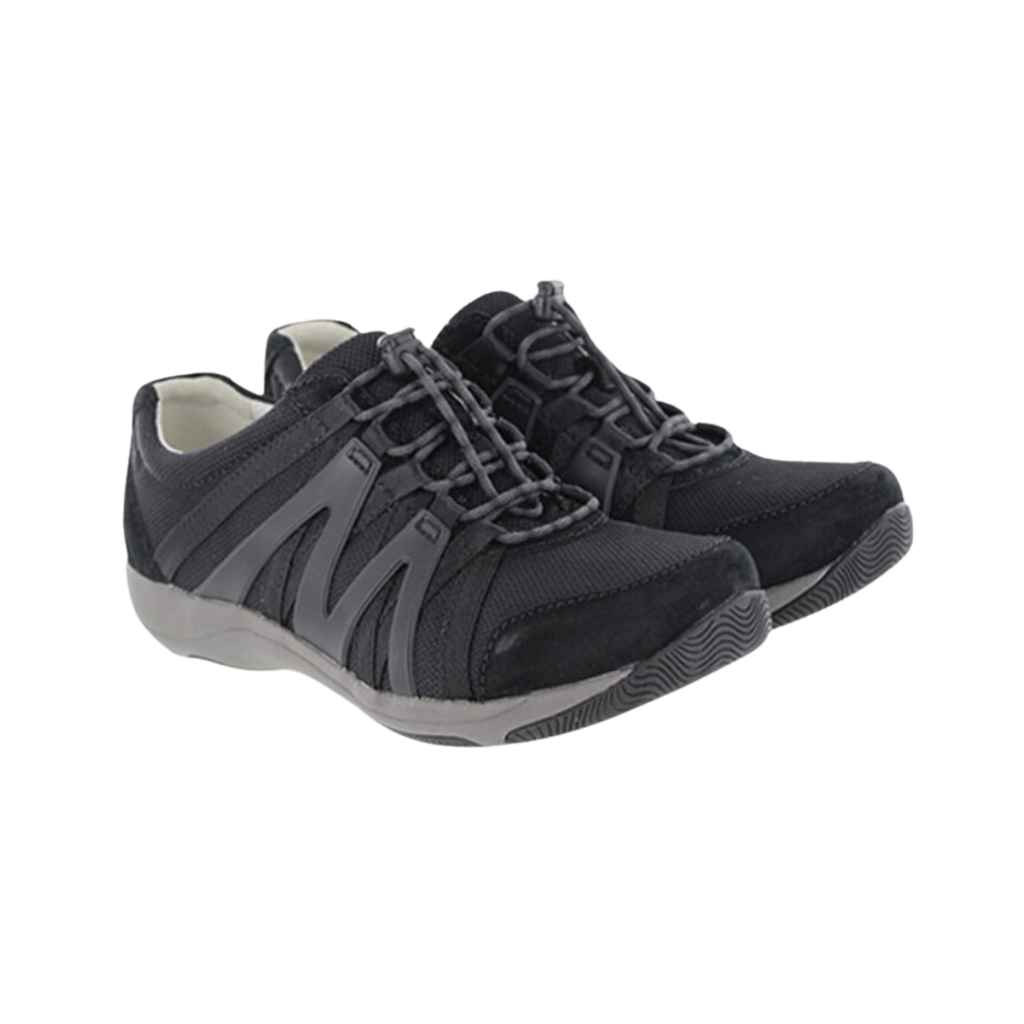 Dansko Women’s Henriette Suede Shoe in Black featuring a premium suede and recycled mesh upper, sporty low-top silhouette, adjustable bungee laces, removable EVA footbed, Strobel construction, natural rubber outsole, and lightweight design built for breathable comfort, flexibility, and all-day support.