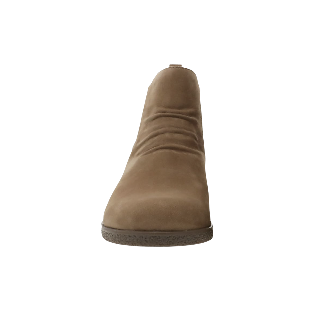 Front view of the Dansko Women’s Bea Ankle Boot in Biscotti showcasing the waterproof leather upper, clean ankle boot profile, supportive toe box, premium craftsmanship, and versatile design made for work, casual outings, and all-day wear.