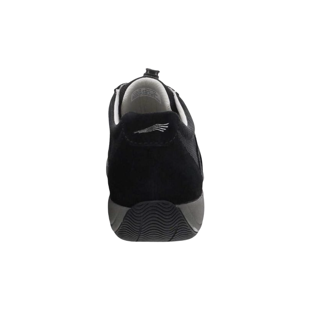Back heel view of the Dansko Women’s Henriette Suede Shoe in Black highlighting the reinforced heel counter, cushioned heel collar, Strobel construction, removable EVA footbed, and durable natural rubber outsole designed to improve stability, reduce fatigue, and provide dependable support throughout the day.