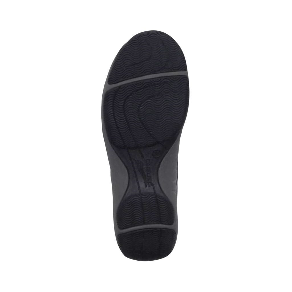 Bottom outsole view of the Dansko Women’s Henriette Suede Shoe in Black featuring the durable natural rubber outsole engineered to provide reliable traction and slip-resistant stability across a variety of everyday surfaces while the cushioned EVA footbed and supportive construction help provide comfort for conditions such as plantar fasciitis, flat feet, metatarsalgia, heel pain, mild overpronation, arthritis discomfort, and general foot fatigue.