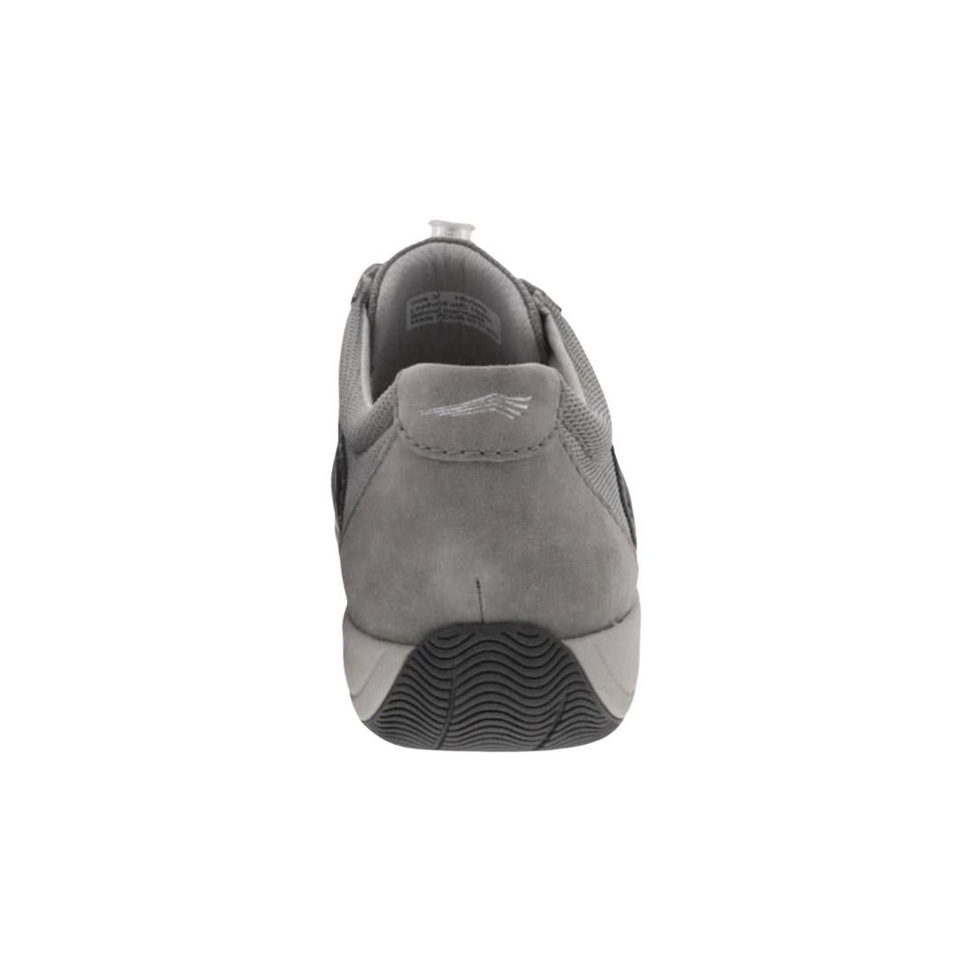 Back heel view of the Dansko Women’s Henriette Suede Shoe in Grey highlighting the reinforced heel counter, cushioned heel collar, Strobel construction, removable EVA footbed, and durable natural rubber outsole designed to improve stability, reduce fatigue, and provide dependable support throughout the day.