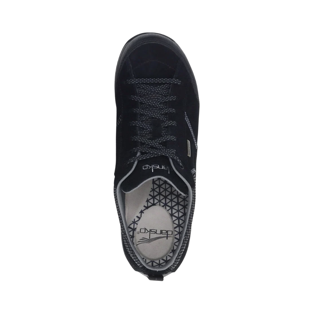 Top view of the Dansko Women’s Paisley Suede Shoe in Black displaying the waterproof suede upper, secure lace-up system, breathable interior with DuPont™ Sorona® moisture management, Cleansport NXT™ odor control, removable triple-density EVA footbed, and orthotic-friendly design engineered for lasting comfort and freshness.