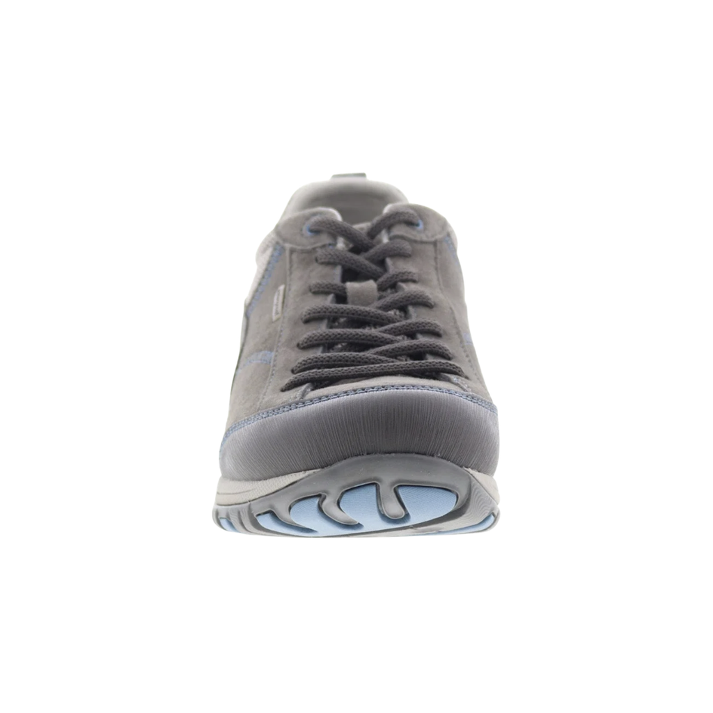 Front view of the Dansko Women’s Paisley Suede Shoe in Grey/Blue showcasing the waterproof suede upper, secure lace-up closure, roomy toe box, hiking-inspired design, and supportive construction engineered for lasting comfort and dependable protection in wet conditions.