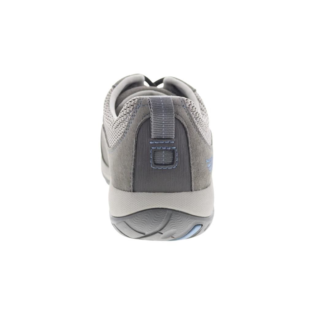 Back heel view of the Dansko Women’s Paisley Suede Shoe in Grey/Blue highlighting the reinforced heel counter, supportive heel collar, TPU shank with Dansko Natural Arch® technology, shock-absorbing midsole, and durable Vibram® outsole designed to improve stability, reduce fatigue, and provide confident traction on varied terrain.