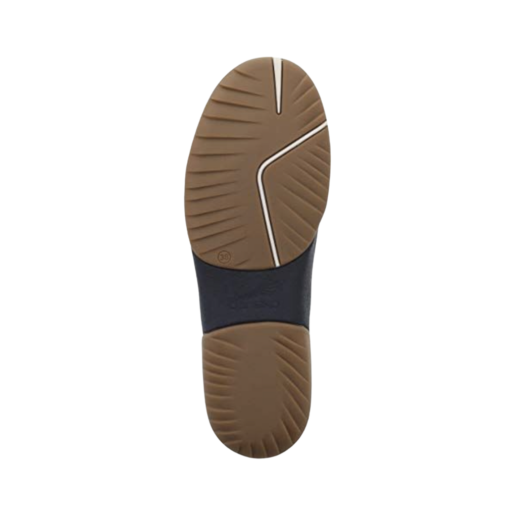 Bottom outsole view of the Dansko Women’s Reba Vintage Slip-On Shoe in Black featuring the durable outsole engineered to provide reliable traction and stability on a variety of surfaces while the lightweight EVA midsole and Dansko Natural Arch™ technology help provide comfort for conditions such as plantar fasciitis, heel pain, arch discomfort, metatarsalgia, flat feet, mild overpronation, ankle fatigue, and general foot fatigue.