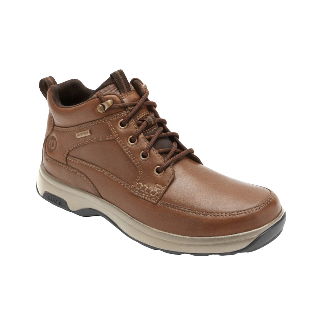 Dunham Men’s 8000 Waterproof Mid Boot in Tan featuring a waterproof leather and textile upper, mid-height hiking boot silhouette, seam-sealed construction, Stability R-Bar® with nylon shank, lightweight EVA midsole, removable memory foam and EVA footbed, and rugged rubber outsole built for lasting comfort, support, and all-terrain performance.