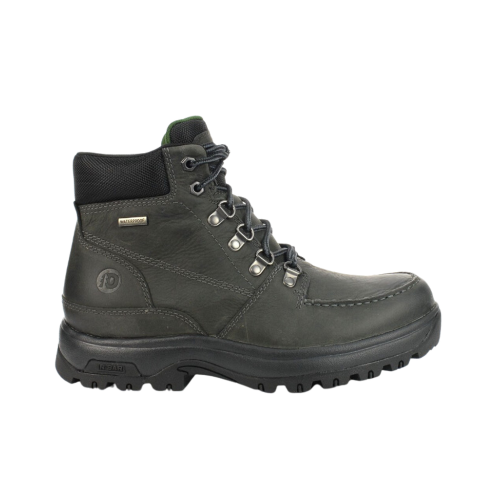 Dunham Men’s 8000 Works Moc Boot in Castlerock featuring a premium waterproof leather upper, classic moc toe silhouette, seam-sealed waterproof construction, R-Bar® Stability System with nylon shank, removable EVA and memory foam footbed, lightweight EVA midsole, and slip-resistant rubber outsole built for dependable worksite performance and all-day comfort.