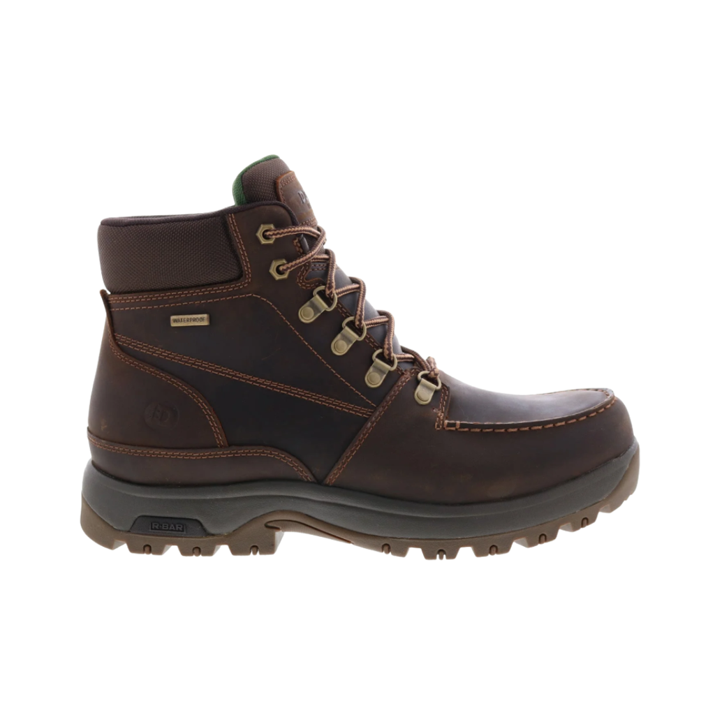 Dunham Men’s 8000 Works Moc Plain Toe Boot in Brown featuring a rugged moc toe silhouette, seam-sealed waterproof construction, RBar Stability System, nylon shank, padded collar and tongue, removable cushioned footbed, and oil- and slip-resistant rubber outsole built for dependable support, stability, and long-lasting jobsite performance.