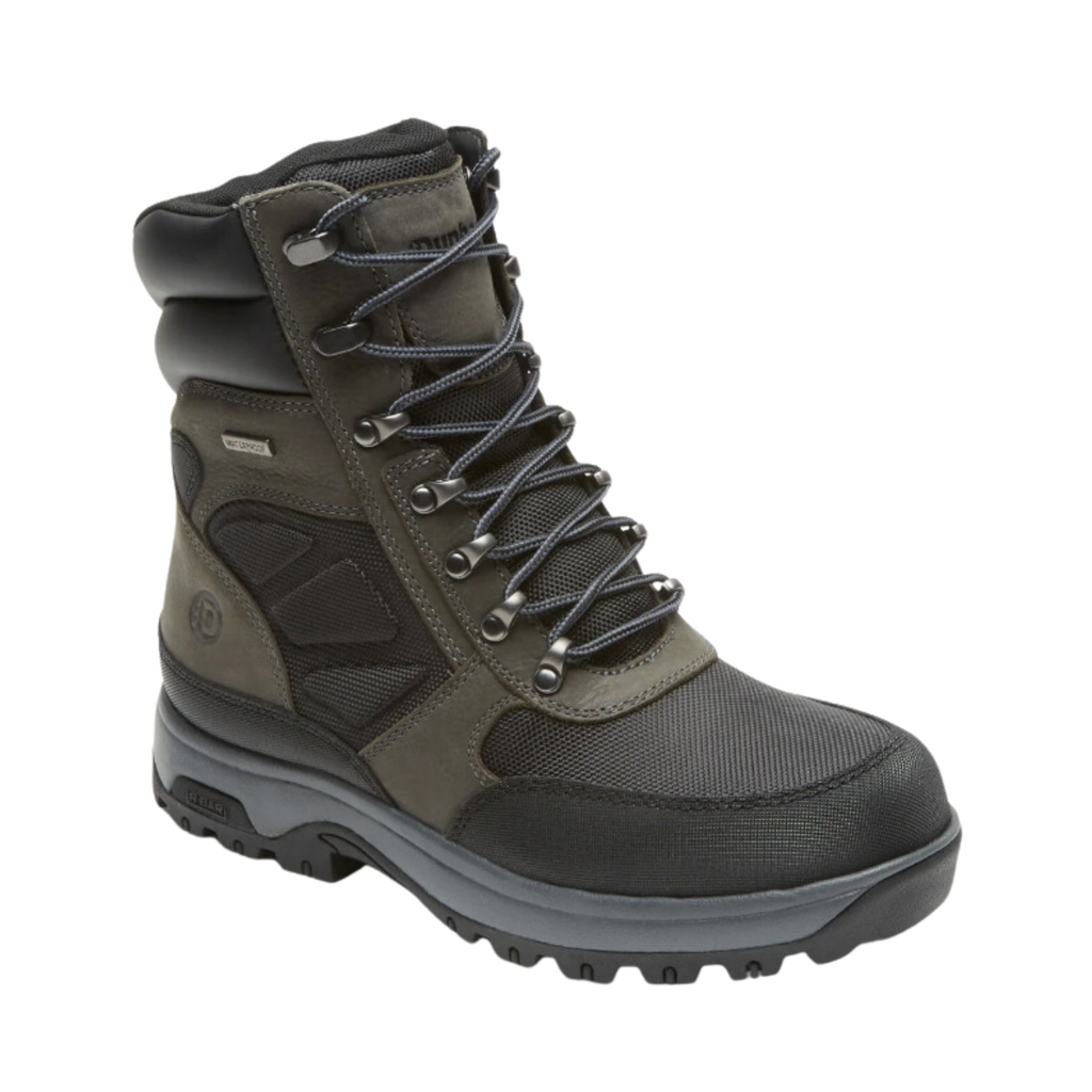 Dunham Men’s 8000 Works Waterproof 8" Ubal Boot in Black/Castlerock featuring a waterproof leather and mesh upper, 8-inch shaft height, seam-sealed construction, R-Bar® Stability System with nylon shank, removable EVA and memory foam footbed, shock-absorbing EVA midsole, and slip-resistant rubber outsole built for demanding work environments and all-day support.