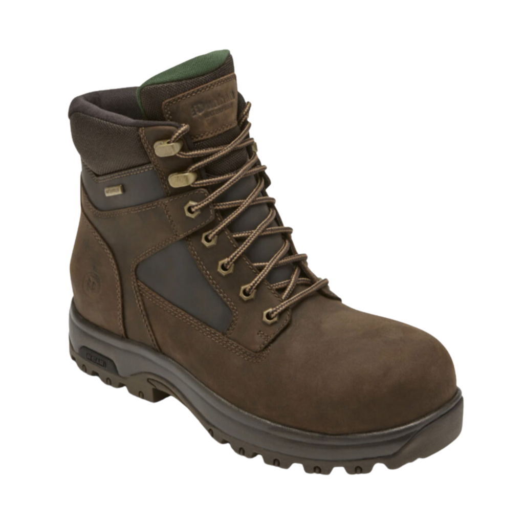 Dunham Men’s 8000 Works Waterproof Safety Plain Toe Boot in Brown featuring a waterproof full-grain leather upper, plain toe work boot silhouette, seam-sealed construction, R-Bar® Stability System with nylon shank, removable EVA and memory foam footbed, shock-absorbing EVA midsole, and slip-resistant rubber outsole built for demanding jobsite performance and all-day comfort.