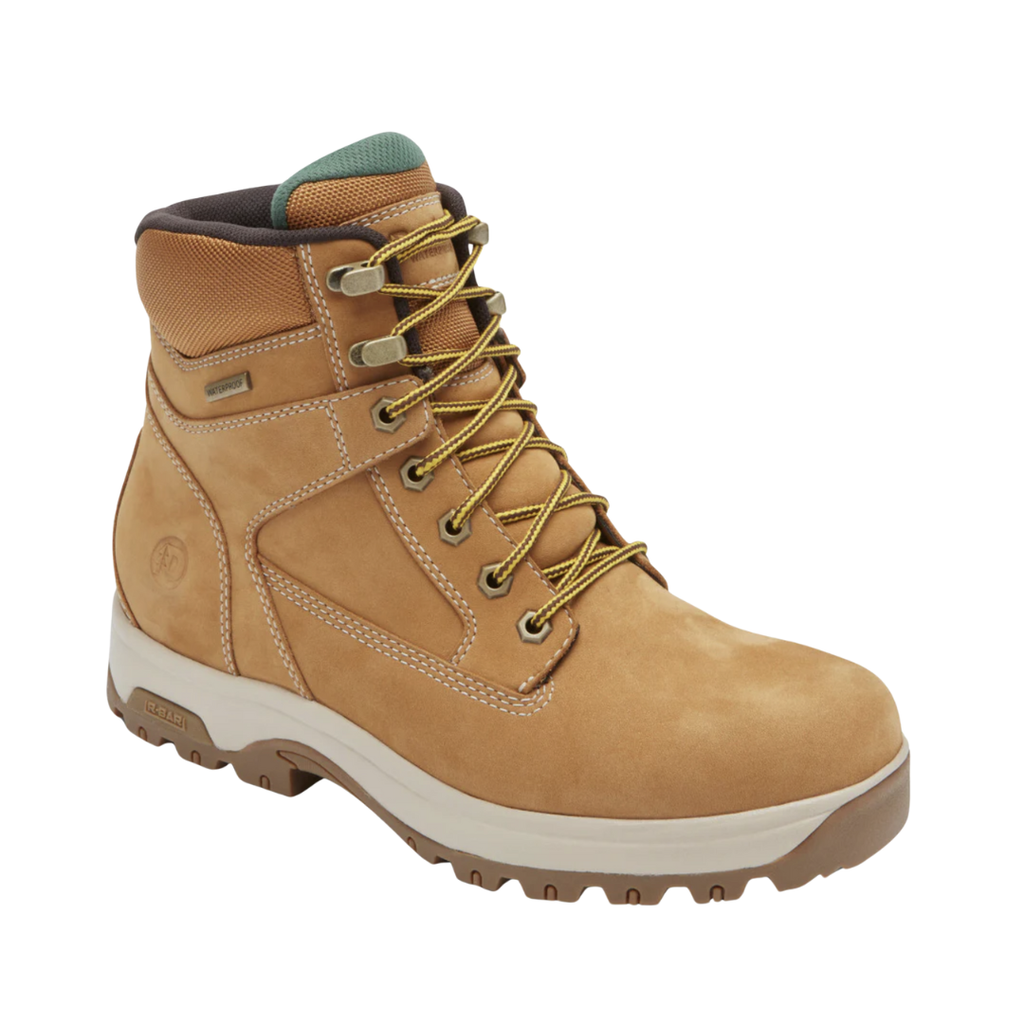 Dunham Men’s 8000 Works Waterproof 6" Plain Toe Boot in Wheat Nubuck featuring a waterproof nubuck leather upper, 6-inch work boot silhouette, plain toe design, seam-sealed construction, R-Bar® Stability System with nylon shank, lightweight EVA midsole, removable EVA and memory foam footbed, and durable rubber outsole built for dependable comfort, support, and jobsite performance.