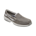 Side view of the Dunham Men’s Captain Venetian Boat Shoe in Grey, showing the premium full-grain leather upper, hand-sewn moc-toe construction, and slip-on Venetian silhouette with hidden stretch gore panels for flexible comfort.