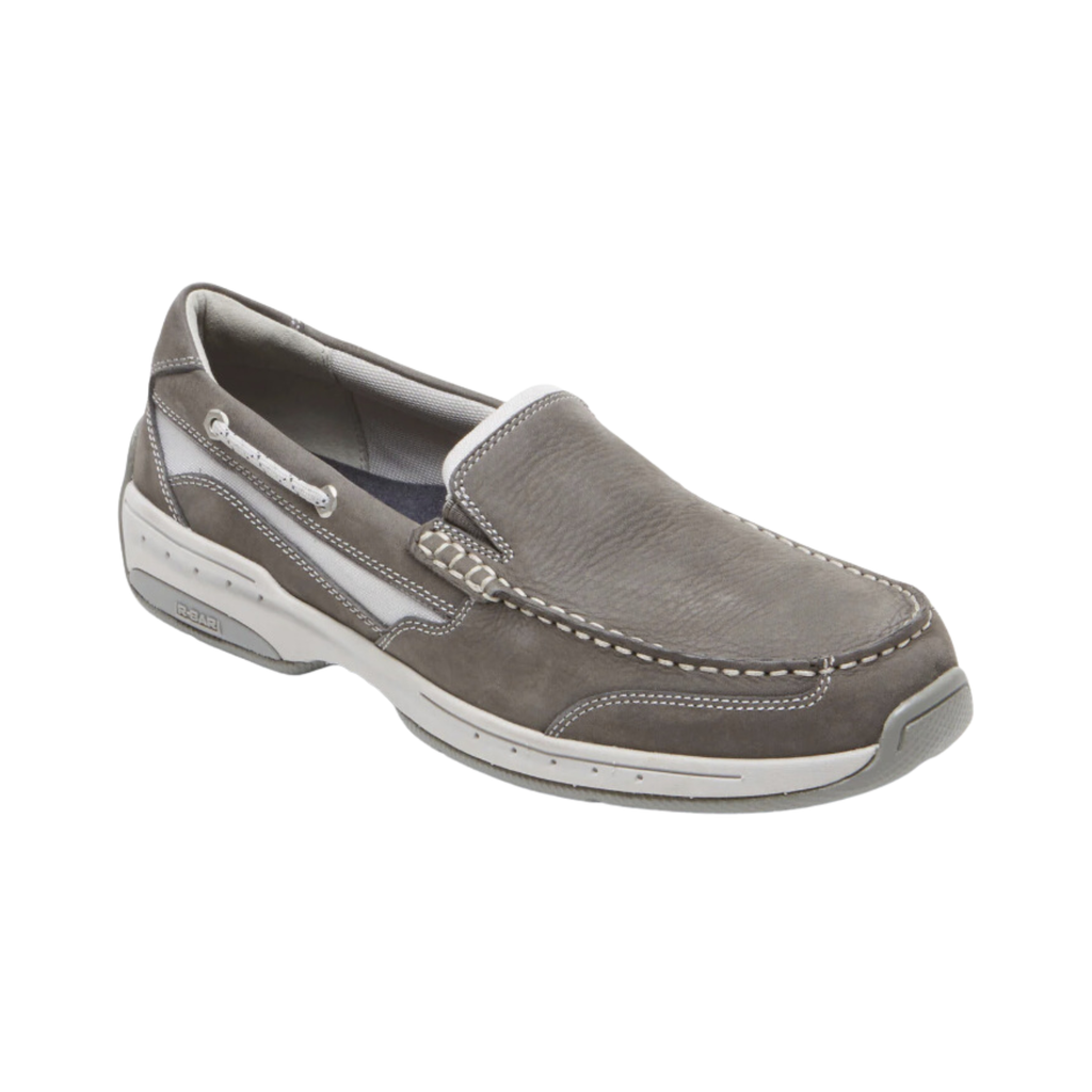 Dunham Men’s Captain Venetian Boat Shoe in Grey featuring a premium full-grain leather upper, hand-sewn moc-toe construction, water-resistant treatment, hidden stretch gore panels, removable EVA and memory foam footbed, R-Bar® Stability with nylon shank, lightweight EVA midsole, and slip-resistant rubber outsole designed for all-day comfort and dependable stability.