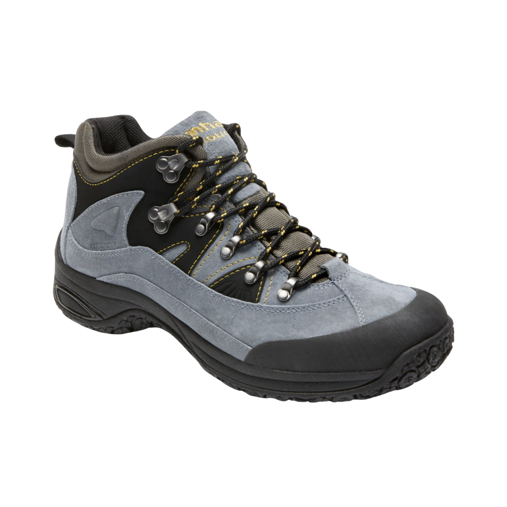 Dunham Men’s Cloud Waterproof Boot in Slate featuring a seam-sealed waterproof leather upper, supportive boot silhouette, Stability R-Bar technology, removable molded footbed, lightweight EVA midsole, nylon shank, padded collar, and slip-resistant rubber outsole designed for dependable all-weather comfort and stability.