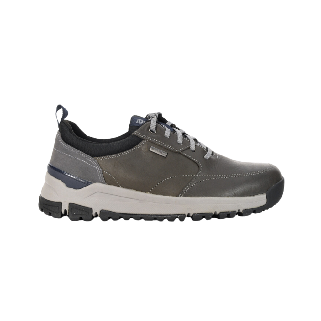Dunham Men’s Glastonbury Ubal II in Steel Grey featuring a waterproof nubuck leather upper, sneaker-inspired casual silhouette, seam-sealed waterproof construction, removable EVA and memory foam footbed, nylon stability shank, padded collar and tongue, and slip-resistant rubber outsole designed for dependable support and all-weather comfort.