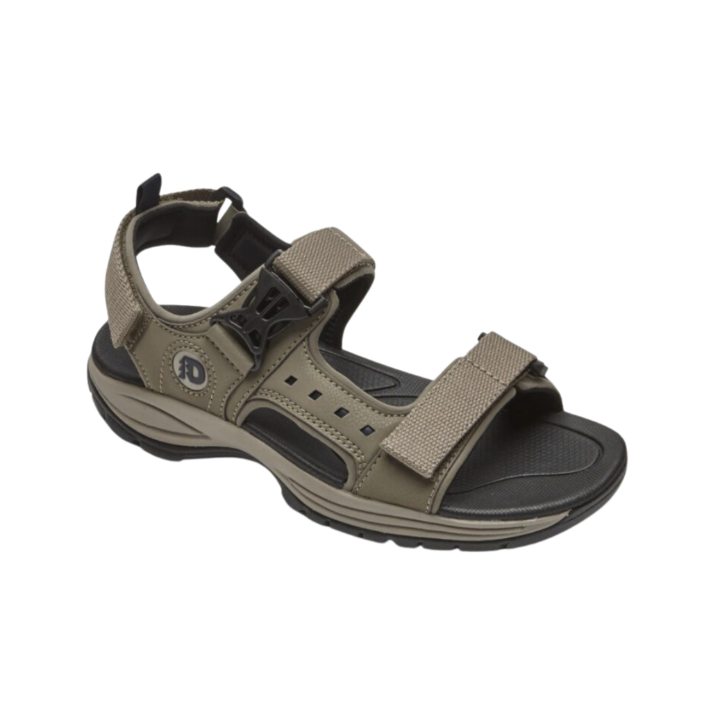 Dunham Men’s Nolan Waterproof Open Toe Sandal in Taupe featuring a waterproof leather and mesh upper, open-toe design, seam-sealed waterproof construction, adjustable hook-and-loop straps, nylon stability shank, shock-absorbing EVA midsole, and slip-resistant rubber outsole designed for breathable, all-day comfort and outdoor performance.