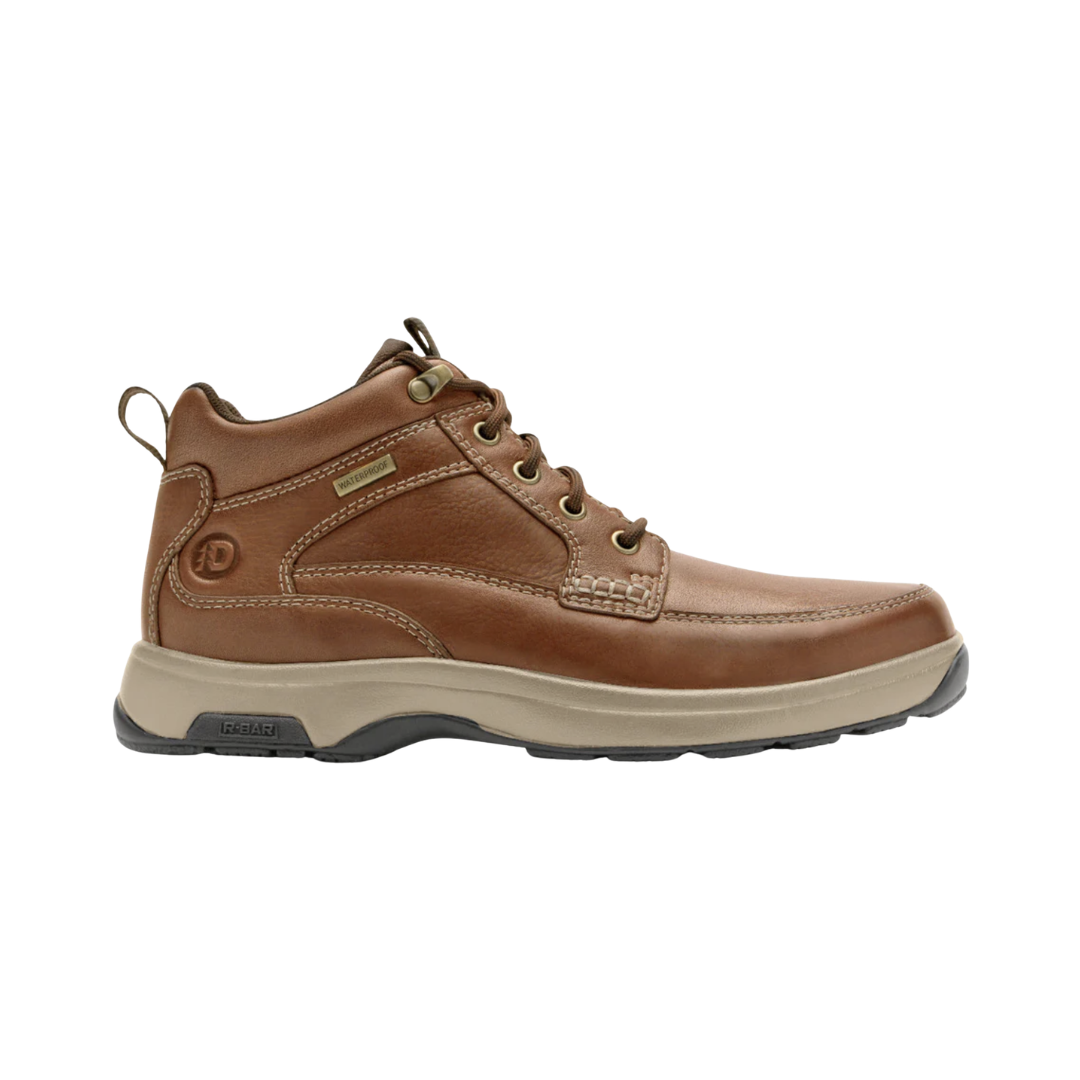 Dunham Men’s 8000 Waterproof Mid Boot in Tan featuring a waterproof leather and textile upper, mid-height hiking boot silhouette, seam-sealed construction, Stability R-Bar® with nylon shank, lightweight EVA midsole, removable memory foam and EVA footbed, and rugged rubber outsole built for lasting comfort, support, and all-terrain performance.