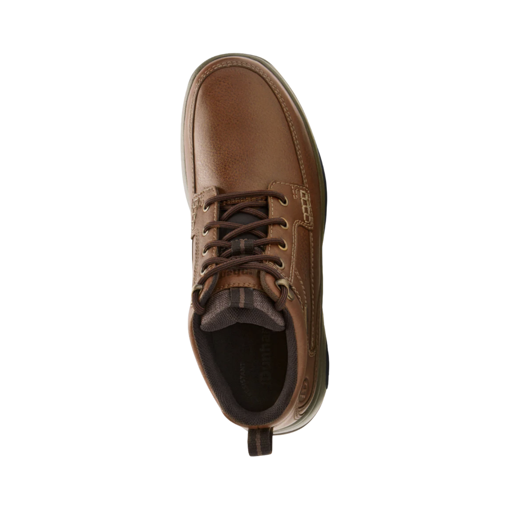 Top view of the Dunham Men’s 8000 Waterproof Mid Boot in Tan displaying the waterproof leather and textile upper, secure lace-up system, padded collar and tongue, removable memory foam and EVA footbed, and orthotic-friendly design engineered to provide cushioning, support, and lasting comfort throughout the day.