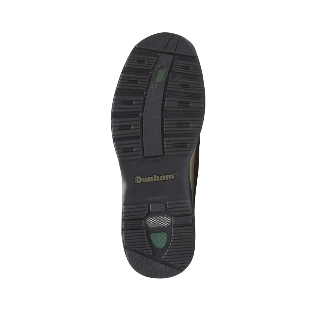 Bottom outsole view of the Dunham Men’s 8000 Waterproof Mid Boot in Tan featuring the slip-resistant rubber outsole with aggressive lugs engineered to provide exceptional traction and stability across wet, muddy, and uneven terrain while the cushioned EVA midsole, Stability R-Bar® system, and removable footbed help provide comfort for conditions such as plantar fasciitis, heel pain, flat feet, overpronation, arthritis, joint pain, bunions, metatarsalgia, forefoot pain, and diabetic-sensitive feet.