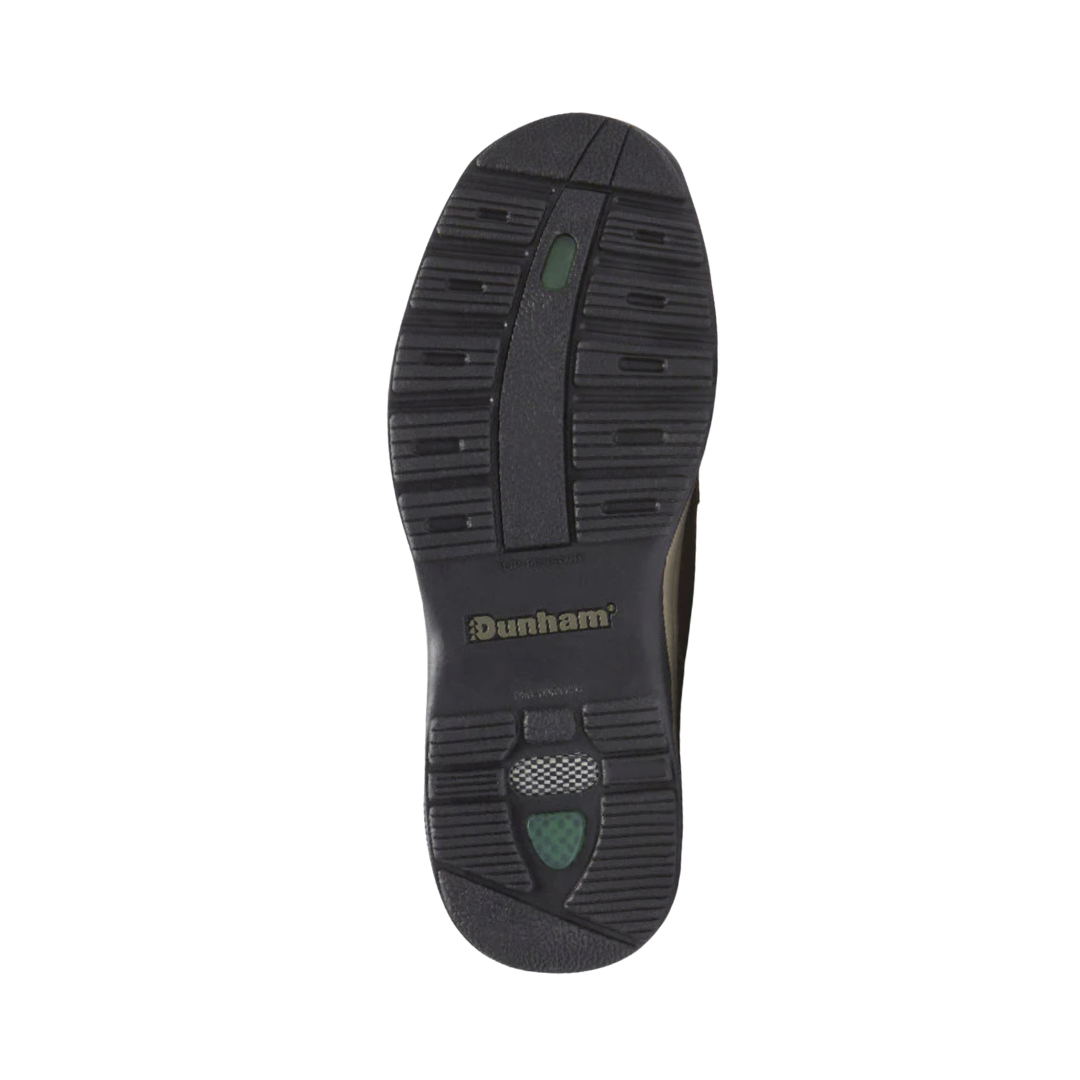 Bottom outsole view of the Dunham Men’s 8000 Waterproof Mid Boot in Tan featuring the slip-resistant rubber outsole with aggressive lugs engineered to provide exceptional traction and stability across wet, muddy, and uneven terrain while the cushioned EVA midsole, Stability R-Bar® system, and removable footbed help provide comfort for conditions such as plantar fasciitis, heel pain, flat feet, overpronation, arthritis, joint pain, bunions, metatarsalgia, forefoot pain, and diabetic-sensitive feet.