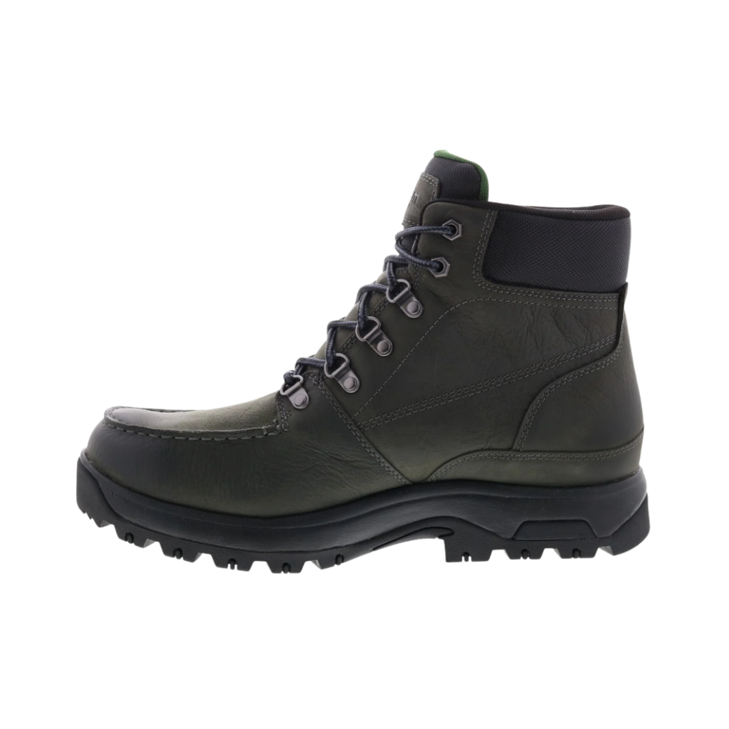 Dunham Men’s 8000 Works Moc Boot in Castlerock featuring a premium waterproof leather upper, classic moc toe silhouette, seam-sealed waterproof construction, R-Bar® Stability System with nylon shank, removable EVA and memory foam footbed, lightweight EVA midsole, and slip-resistant rubber outsole built for dependable worksite performance and all-day comfort.