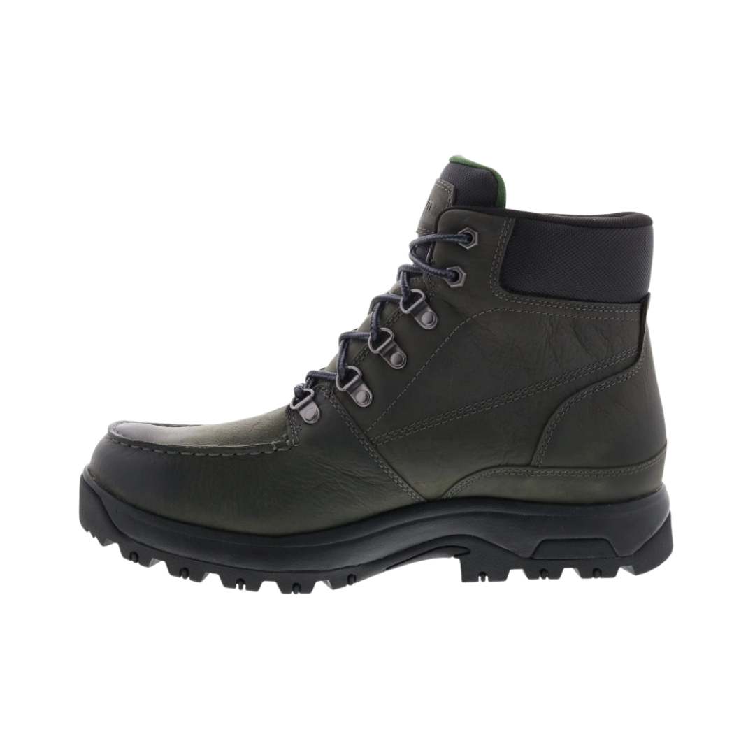 Dunham Men’s 8000 Works Moc Boot in Castlerock featuring a premium waterproof leather upper, classic moc toe silhouette, seam-sealed waterproof construction, R-Bar® Stability System with nylon shank, removable EVA and memory foam footbed, lightweight EVA midsole, and slip-resistant rubber outsole built for dependable worksite performance and all-day comfort.