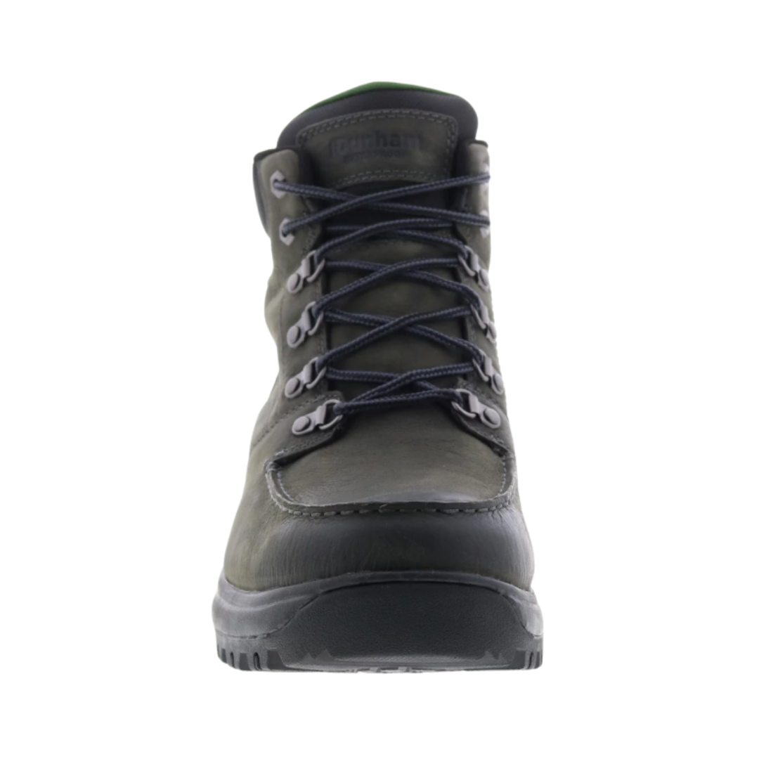 Front view of the Dunham Men’s 8000 Works Moc Boot in Castlerock showcasing the classic moc toe design, waterproof leather upper, secure lace-up closure, padded tongue, roomy forefoot, and rugged construction designed to provide natural toe movement and lasting comfort.