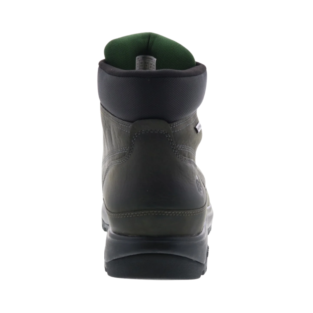 Back heel view of the Dunham Men’s 8000 Works Moc Boot in Castlerock highlighting the supportive padded collar, reinforced heel construction, R-Bar® Stability System, nylon shank, cushioned EVA midsole, and durable rubber outsole designed to enhance stability, reduce fatigue, and provide dependable support throughout long workdays.